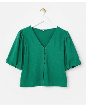 Oliver Bonas Textured Button Up Puff Sleeve Top - Green