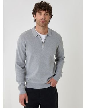 Threadbare Cotton Rich Quarter Zip Long Sleeve Polo Shirt - Gray