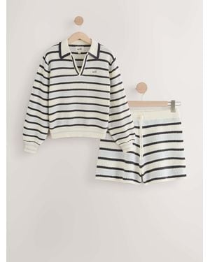 Self Stripe Crochet Knit Short Set Co-Ord - Metallic