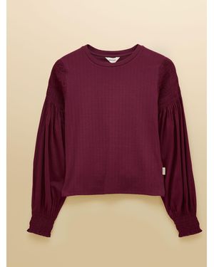 Joules Pointelle Jersey Top With Shirred Woven Sleeves - Purple