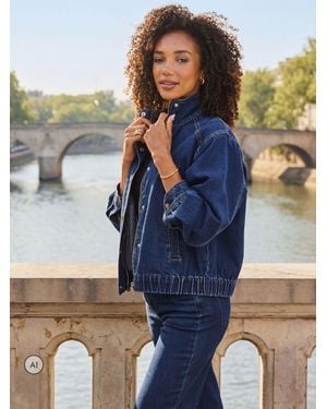 Sosandar Funnel Neck Denim Bomber Jacket - Blue