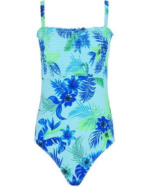 M Com Floral Print Shirred Swimsuit - Blue
