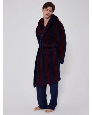 Loungeable Stripe Cozy Borg Fleece Hooded Dressing Gown - Blue