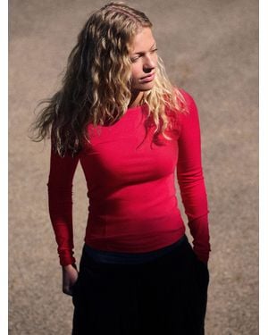Self Viscose Blend Long Sleeve Rib T-Shirt - Red
