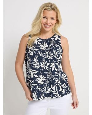 M Com Abstract Floral Linen Blend Best Top - Blue
