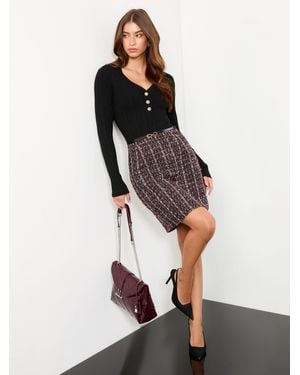 Lipsy Mini Boucle Check 2-In-1 V-Neck Knitted Dress - White