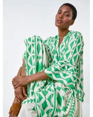 Roman Print Tiered Midi Smock Dress - Green