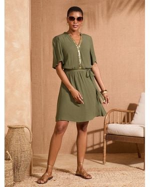 Love & Roses Sequin Trim Belted Short Sleeve Mini Dress - Green