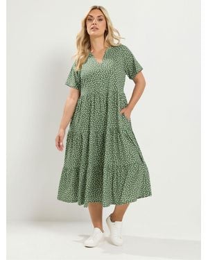Yours Curve Cotton Tiered Dress - Green