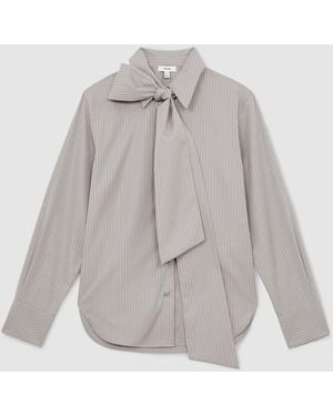 Reiss Elowen Cotton Striped Tie-Neck Shirt - White