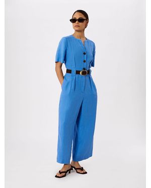 Whistles Fiona Linen Button Jumpsuit - Blue