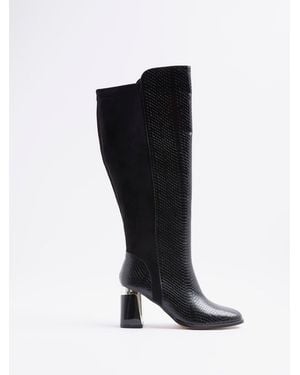 River Island Wide Fit Metal Heel Knee High Boots - Black