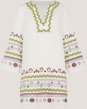 Monsoon Bria V-Neck Floral Embroidered Cotton Long Sleeve Mini Tunic Dress - Natural