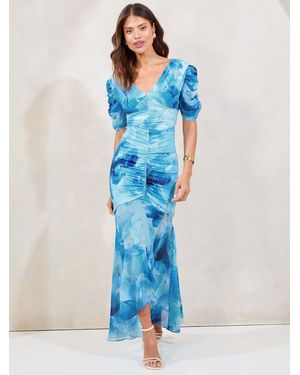 Lipsy Floral Printed Ruched Short Sleeve Fit And Flare Dress - Blue