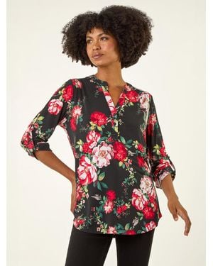 Roman Floral Print Stretch Shirt - Red
