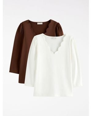 Love & Roses X2 Ivory And Chocolate 3/4 Sleeve Scallop Top - White
