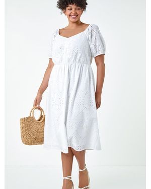 Roman Curve Cotton Broderie Midi Dress - White