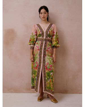 Raishma Jolene Dress A V-Neckline A Front Slit Long Puff Sleeves With Fitted Cuffs A Waistband With A Vertical Border Print Maxi Dress - Brown