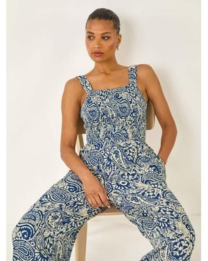 Roman Paisley Print Cropped Jumpsuit - Blue