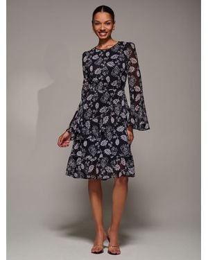 Jolie Moi Long Sleeve Frill Chiffon Knee-Length Dress - Gray