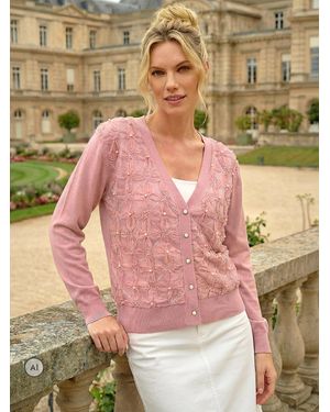Roman Floral Button V-Neck Knit Cardigan - Pink