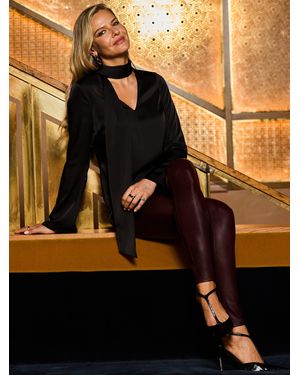 Sosandar Satin Tie Neck Tunic Top - Black