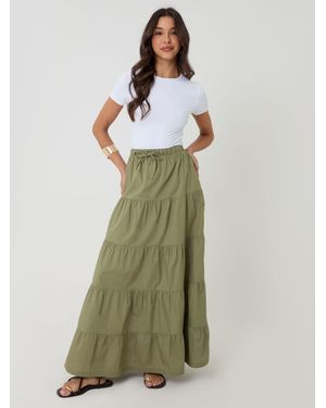 Threadbare Cotton Tiered Maxi Skirt - Green