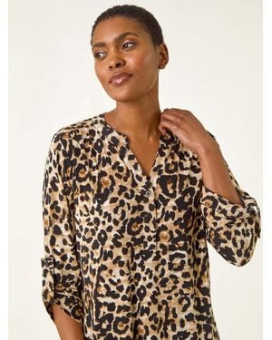 Roman Animal Print V-Neck Stretch Blouse - Natural