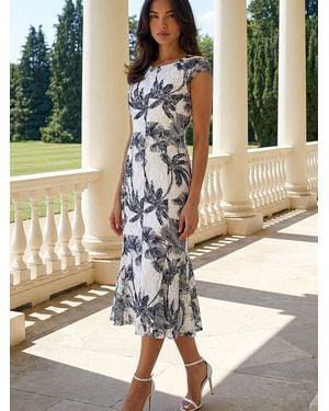 Roman Palm Print Lace Godet Hem Dress - Metallic