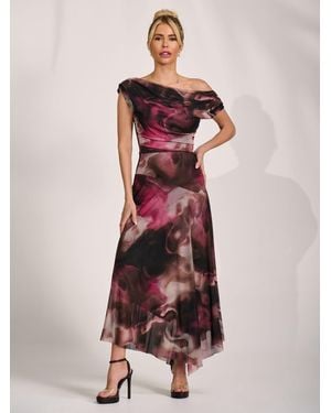 Jolie Moi Asymmetrical Draped Mesh Maxi Dress - Pink