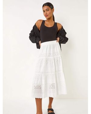 Roman Broderie Cotton A-Line Midi 100% Cotton Skirt - Natural