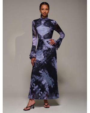 Jolie Moi Ruffle Long Sleeve Mesh Maxi Dress - Blue