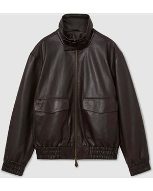Reiss Bordeaux Trinity Leather Oversized Funnel-Neck Jacket - Black