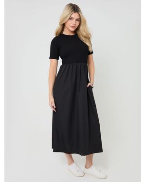 Threadbare 2-In-1 Jersey Poplin Mix Crew Neck Midi Dress - Black