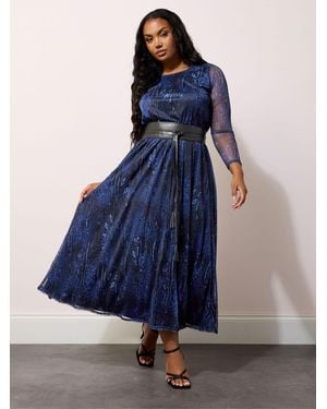 Yours Curve London Animal Print Mesh Maxi Dress With Belt - Blue