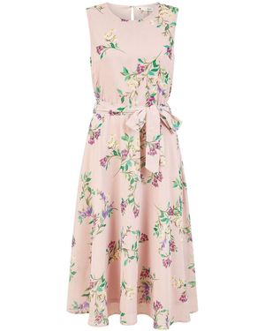 Yumi' Floral Crew Neck Tie Waist Midi Dress - Pink