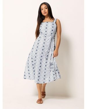 M Com Petite Embroidered Tie Waist Dress - Blue