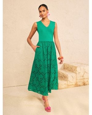 Love & Roses V-Neck Broderie Skirt Jersey Midi Dress - Green