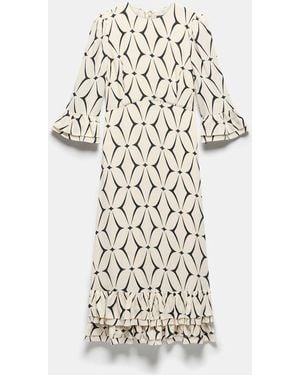 Mint Velvet Geometric Print Ruffle Midi Dress - White