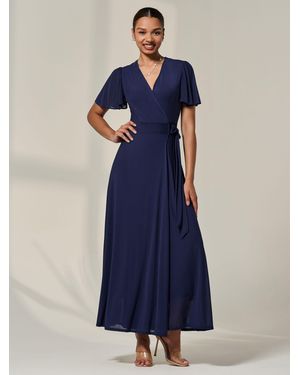 Jolie Moi Angel Sleeve Wrapped Mesh Maxi Dress - Blue