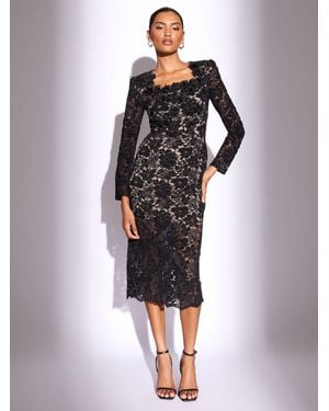Lipsy Petite Premium 3D Floral Print Lace Long Sleeve Bodycon Midi Dress - Black