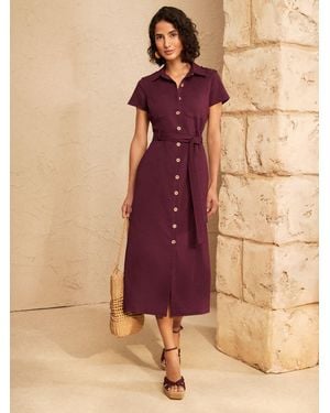 Love & Roses Petite Tailored Linen Look Midi Shirt Look Tie Waist Dress - Natural