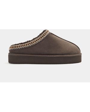 Yours Curve Wide Fit Faux Suede Embroidered Mules - Brown