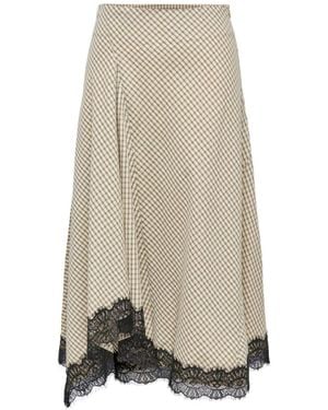Jdy Asymmetric Check Midi Skirt With Lace Trim - Natural