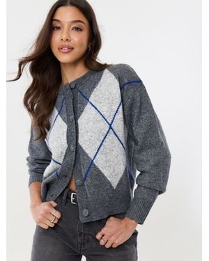 Threadbare Argyle Knitted Crew Neck Cardigan - Blue