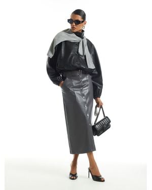 River Island Faux Leather Utility Belted Midi Skirt - Black