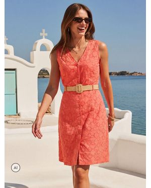 Sosandar Broderie Button Front Pencil Dress With Rattan Belt - Red