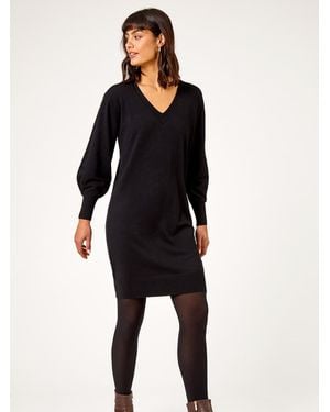 Roman V-Neck Knit Sweater Dress - Black