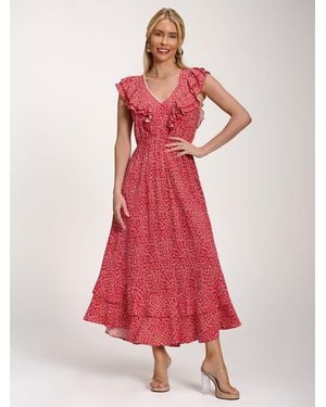 Jolie Moi Ruffle V-Neck Viscose Midi Dress - Red