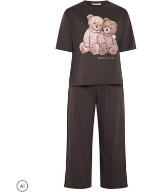 Yours Curve Snuggle Up Teddy Print Pajamas Set - Black